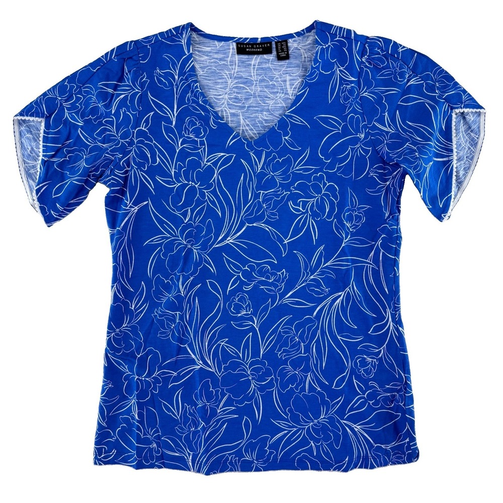 Susan Graver Weekend Textured Cotton Tulip‎ Sleeve Top XXS Anchor Blue